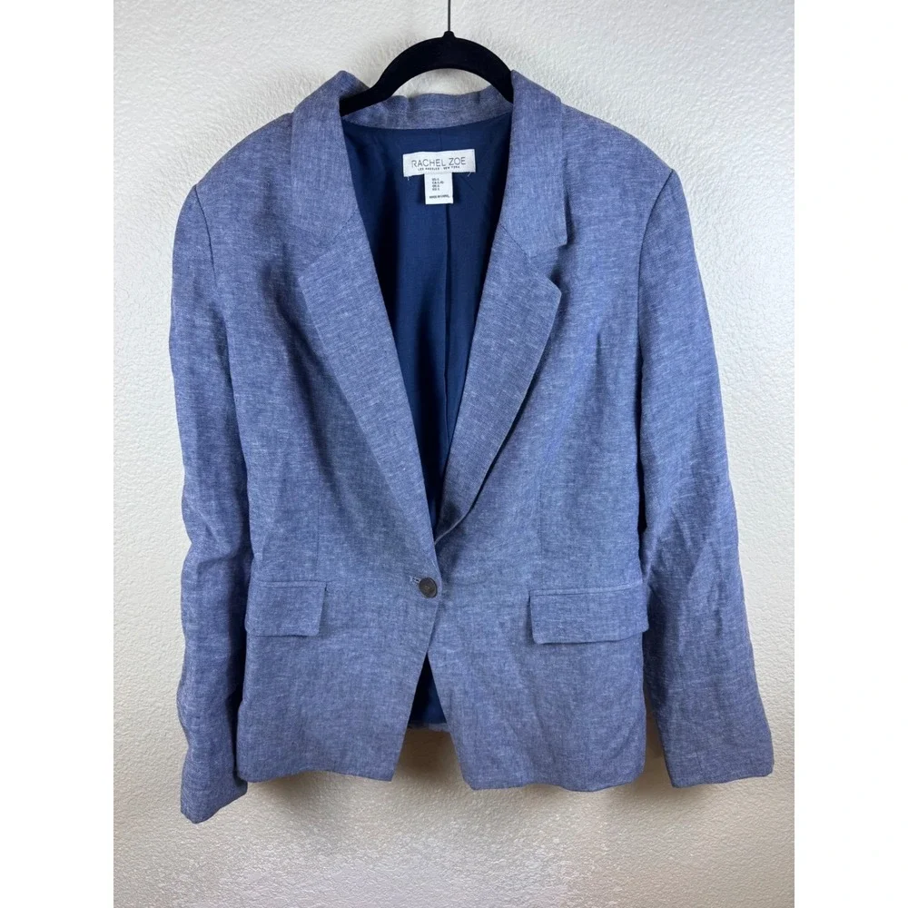 Rachel Zoe Blazer Women L Blue‎ Linen Blend Lightweight Minimalist Professional